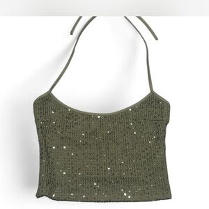 Outcast Sequin Halter Top in Olive Green